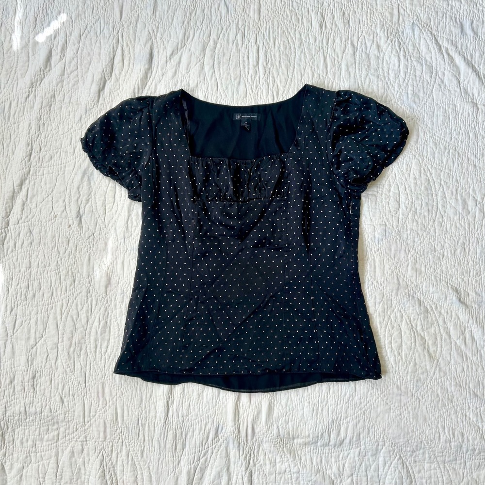 INC International Concepts Silk Polka Dot Puff Sleeve Blouse Black Gold Size 14